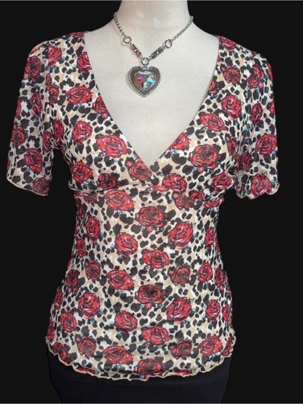 Pink Rose leopard Print V-Neck Short Sleeve Top